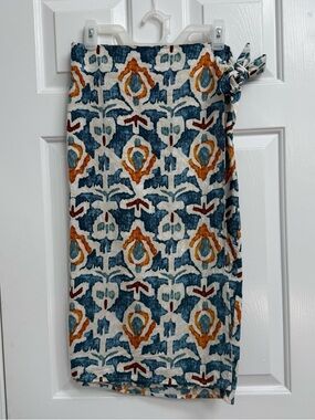 Christian Siriano Blue, Cream, & Orange Print Linen Wrap Skirt - Like New (XS)